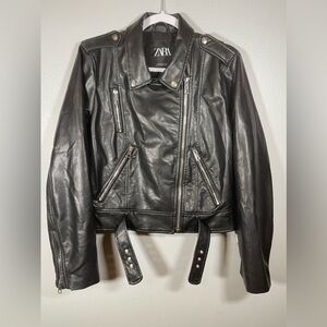 ZARA Faux Leather Black Buckle Belt Zip Biker Jacket Size XL